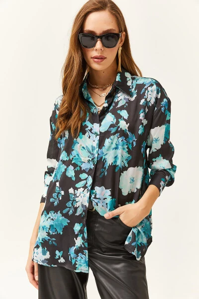 Women's Blue Black Patterned Oversize Satin Shirt - OLALOOK (1)