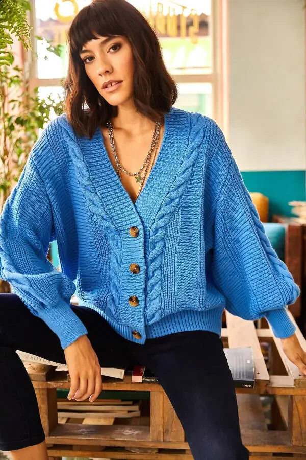Women's Blue Chunky Cable Knit Cardigan HRK-19000082 - 1