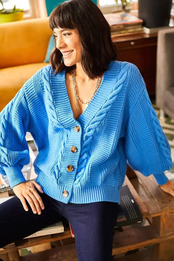 Women's Blue Chunky Cable Knit Cardigan HRK-19000082 - 3