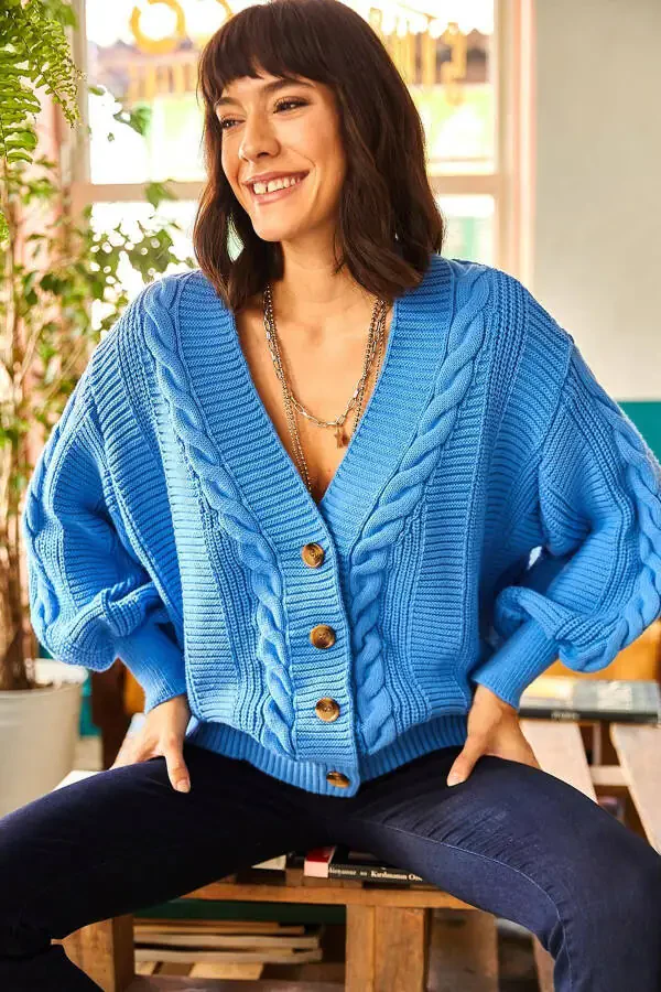 Women's Blue Chunky Cable Knit Cardigan HRK-19000082 - 4