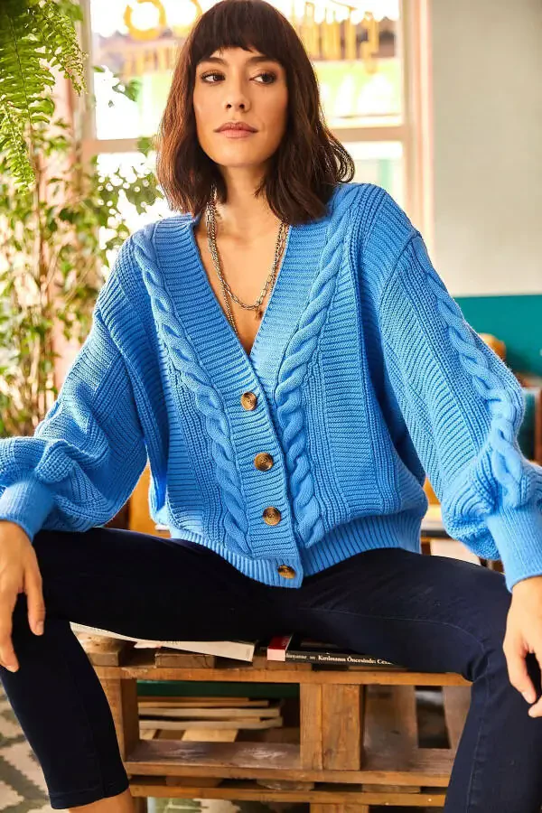 Women's Blue Chunky Cable Knit Cardigan HRK-19000082 - 5