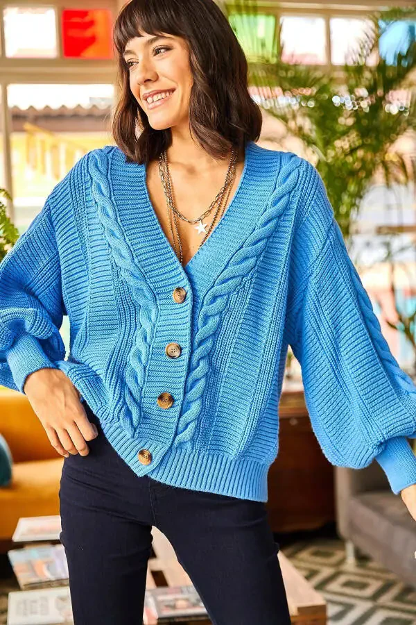 Women's Blue Chunky Cable Knit Cardigan HRK-19000082 - 6