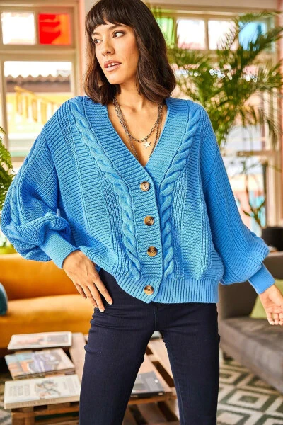 Women's Blue Chunky Cable Knit Cardigan HRK-19000082 - 7
