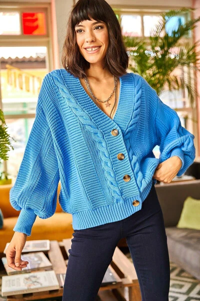 Women's Blue Chunky Cable Knit Cardigan HRK-19000082 - 8