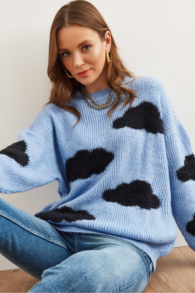 Women's Blue Cloud Detailed Soft Textured Knitted Pullover KZK-19000857 - OLALOOK