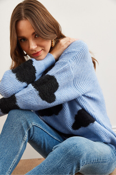 Women's Blue Cloud Detailed Soft Textured Knitted Pullover KZK-19000857 - 3