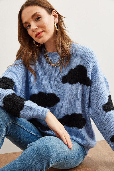 Women's Blue Cloud Detailed Soft Textured Knitted Pullover KZK-19000857 - 4