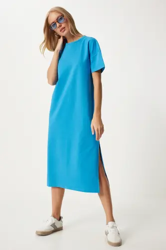 Women's Blue Cotton Summer Casual Jersey Dress UB00080-Blue - 3