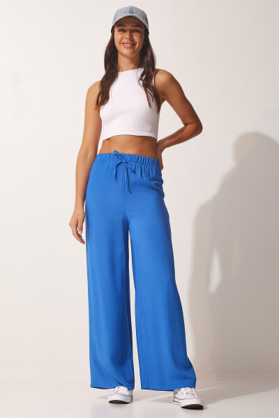 Women's Blue Cotton Viscose Palazzo Pants BV00076 - HAPPINESS İSTANBUL