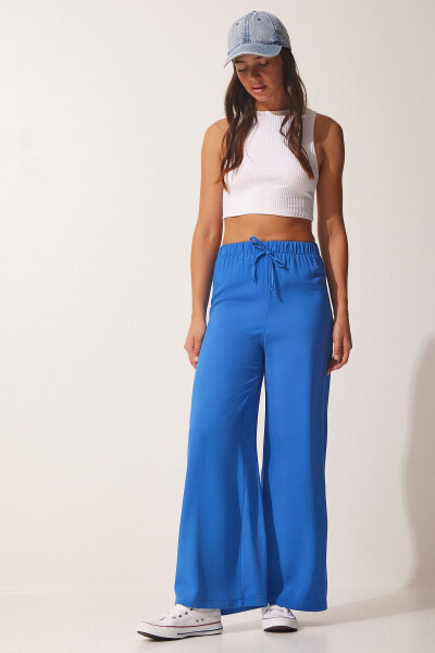 Women's Blue Cotton Viscose Palazzo Pants BV00076 - HAPPINESS İSTANBUL (1)