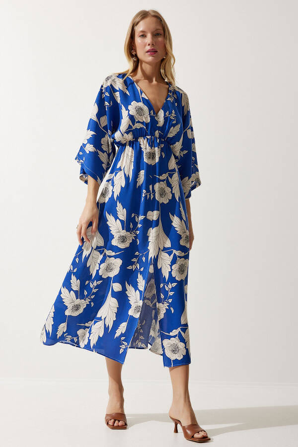 Women's Blue Cream Envelope Neck Patterned Summer Viscose Dress DK00166 - 3