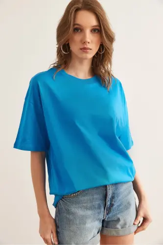 Women's Blue Crew Neck Cotton T-Shirt TSH-19000853 - 2