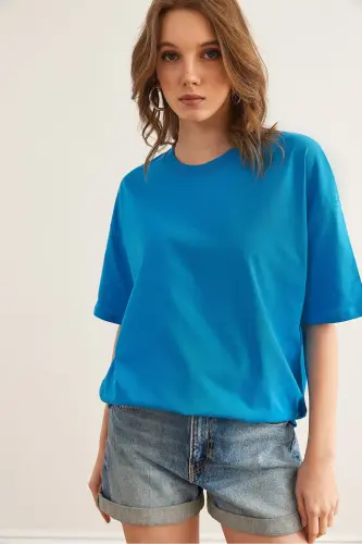 Women's Blue Crew Neck Cotton T-Shirt TSH-19000853 - 3