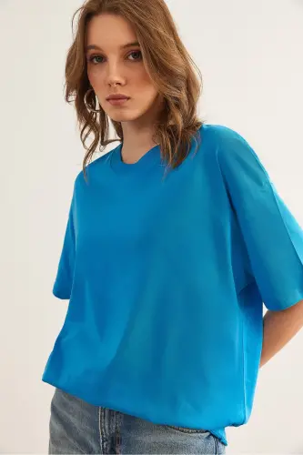 Women's Blue Crew Neck Cotton T-Shirt TSH-19000853 - 4