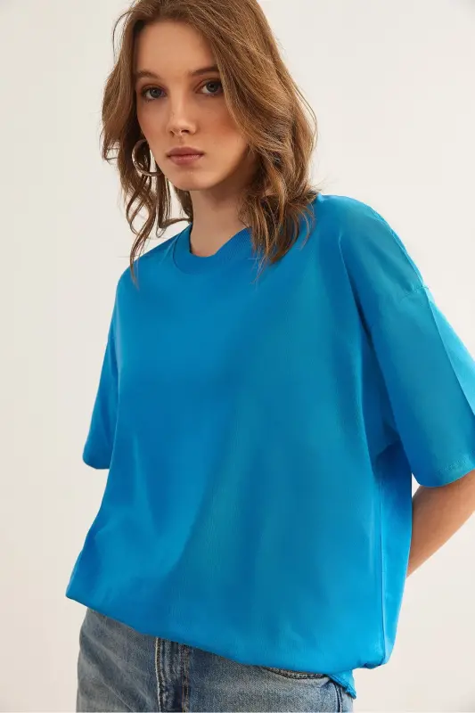 Women's Blue Crew Neck Cotton T-Shirt TSH-19000853 - 4
