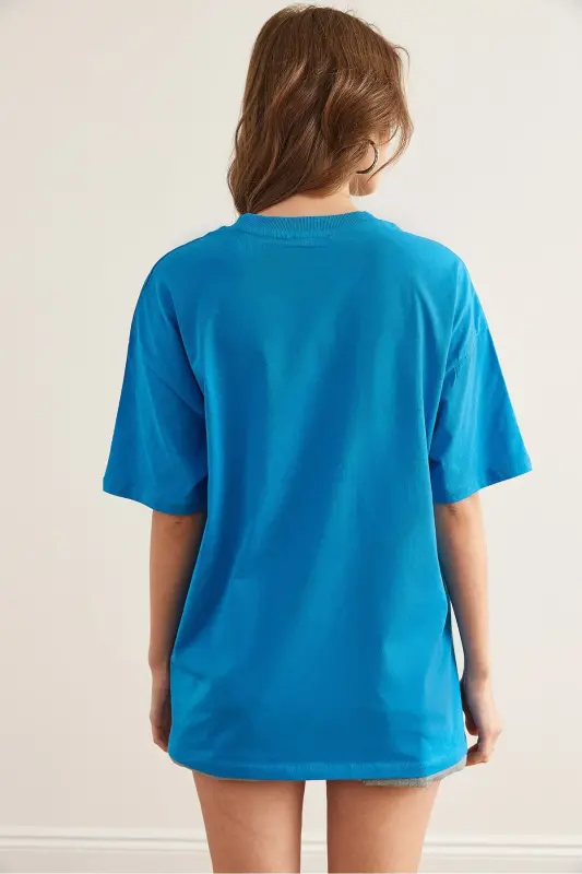 Women's Blue Crew Neck Cotton T-Shirt TSH-19000853 - 6