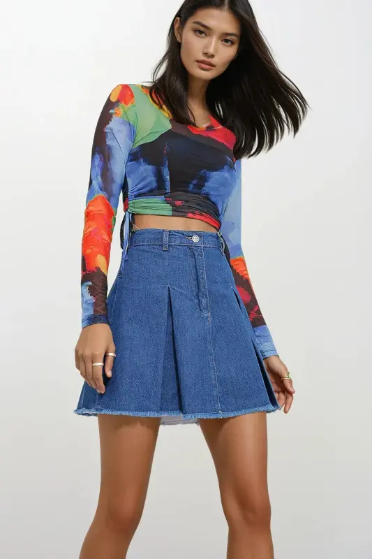 Women's Blue Crew Neck Digital Print Side Ruched Tulle Crop Blouse ALC-X11528 - TREND ALAÇATI STILI