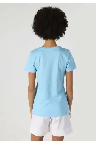 Women's blue crew neck printed short sleeve t-shirt. - 2