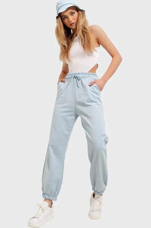Women's Blue Cuffed Two-Thread Sweatpants ALC-Y2933 - TREND ALAÇATI STILI