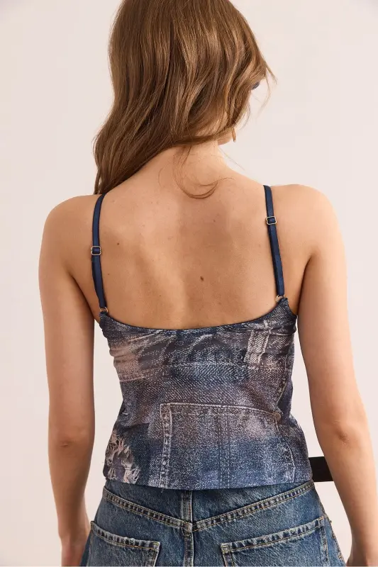 Women's Blue Denim Look Underwire Tulle Blouse BLZ-19 - 6