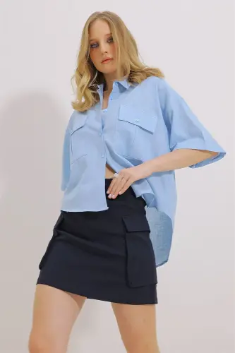 Women's Blue Double Pocket Short Sleeve Linen Shirt ALC-X9991-BLUE 