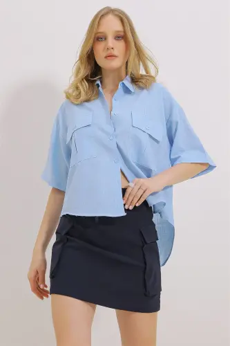 Women's Blue Double Pocket Short Sleeve Linen Shirt ALC-X9991-BLUE - 2