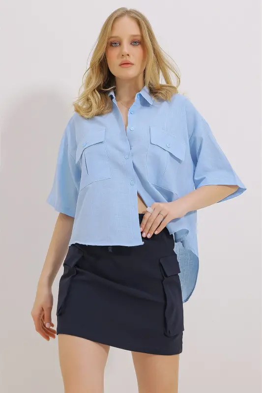 Women's Blue Double Pocket Short Sleeve Linen Shirt ALC-X9991-BLUE - 2