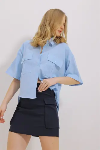Women's Blue Double Pocket Short Sleeve Linen Shirt ALC-X9991-BLUE - 3