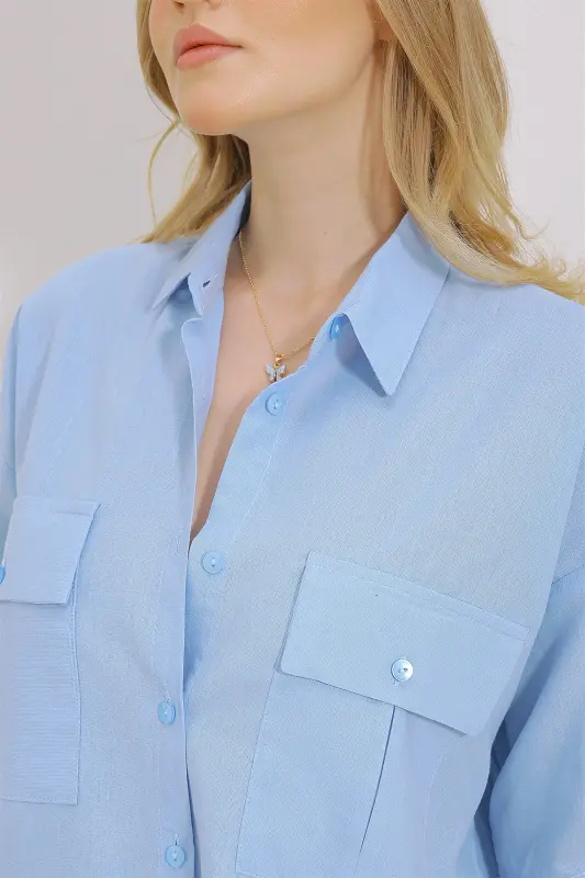 Women's Blue Double Pocket Short Sleeve Linen Shirt ALC-X9991-BLUE - 4