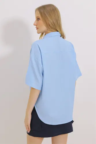 Women's Blue Double Pocket Short Sleeve Linen Shirt ALC-X9991-BLUE - 5