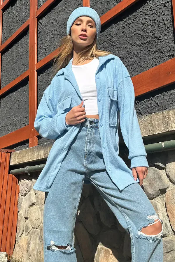 Women's Blue Double Pocket Waffle Oversize Shirt ALC-X11194 - 3