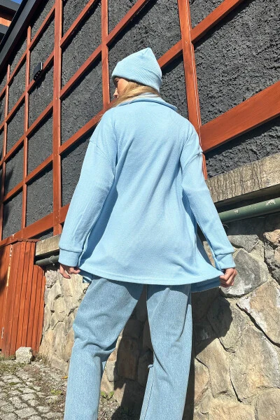 Women's Blue Double Pocket Waffle Oversize Shirt ALC-X11194 - 4