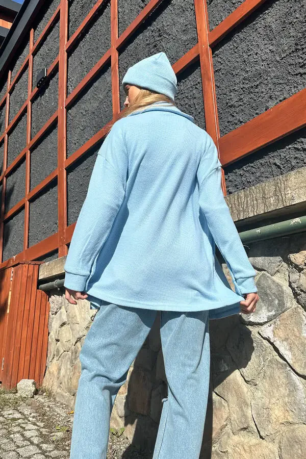 Women's Blue Double Pocket Waffle Oversize Shirt ALC-X11194 - 4