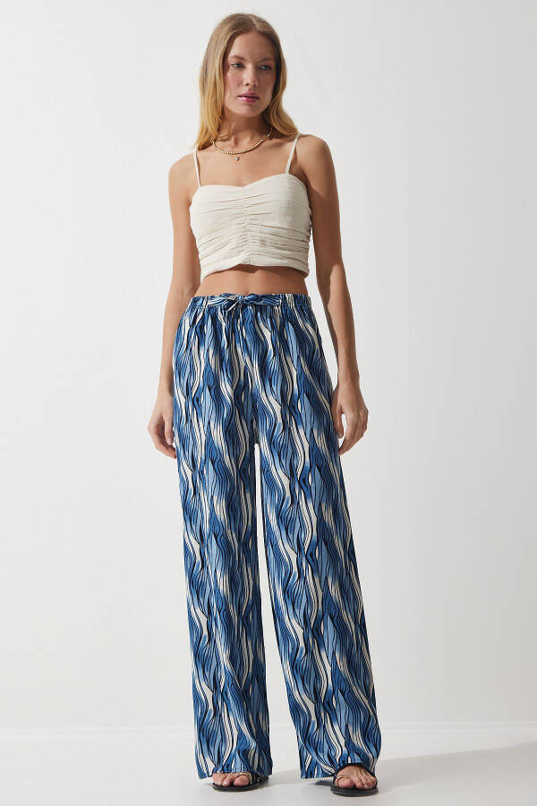 Women's Blue Ecru Patterned Flowy Viscose Palazzo Pants EN00606 - 1