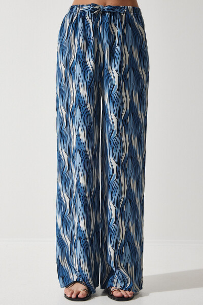 Women's Blue Ecru Patterned Flowy Viscose Palazzo Pants EN00606 - 4