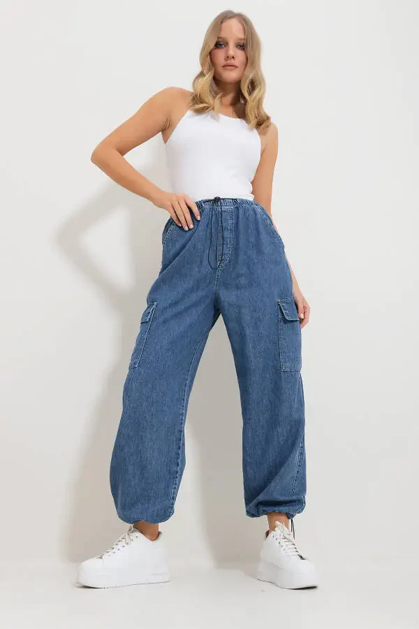 Women's Blue Elastic Waist and Cuff Cargo Jogger Pants Alc-X11759 - 3
