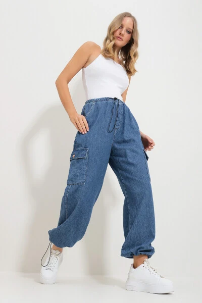 Women's Blue Elastic Waist and Cuff Cargo Jogger Pants Alc-X11759 - 4