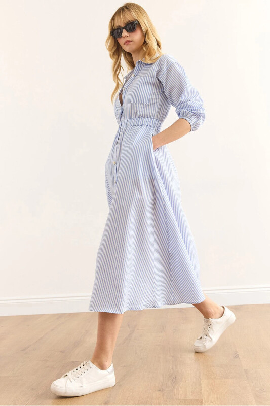 Women's Blue Elastic Waist Pocketed Maxi Shirt Dress - OLALOOK