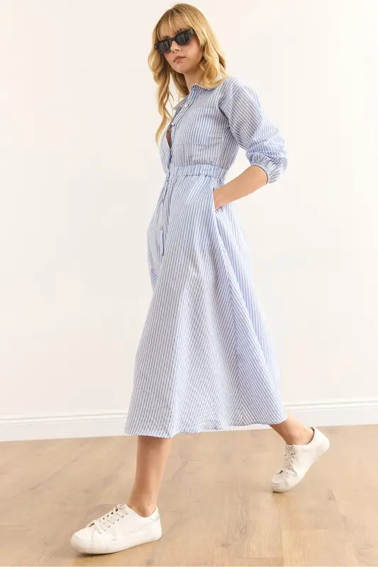 Women's Blue Elastic Waist Pocketed Maxi Shirt Dress - 1