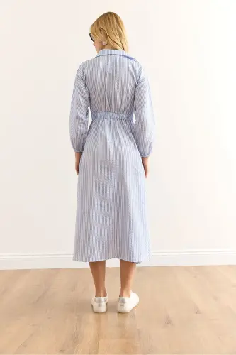 Women's Blue Elastic Waist Pocketed Maxi Shirt Dress - 2
