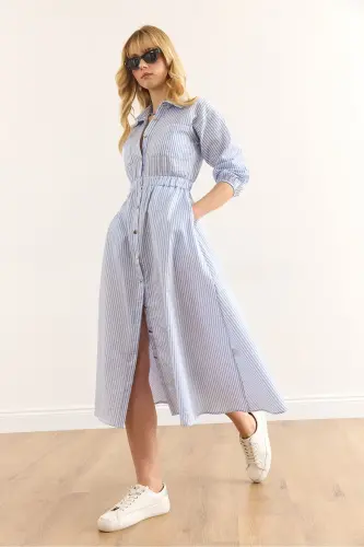 Women's Blue Elastic Waist Pocketed Maxi Shirt Dress - 3