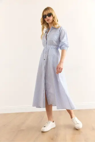 Women's Blue Elastic Waist Pocketed Maxi Shirt Dress - 4
