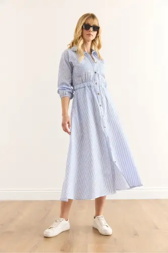 Women's Blue Elastic Waist Pocketed Maxi Shirt Dress - 5