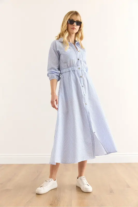 Women's Blue Elastic Waist Pocketed Maxi Shirt Dress - 5