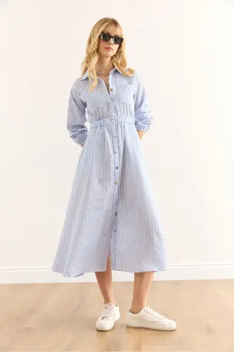 Women's Blue Elastic Waist Pocketed Maxi Shirt Dress - 6