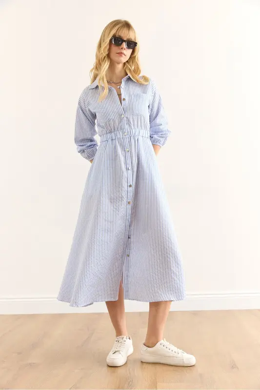 Women's Blue Elastic Waist Pocketed Maxi Shirt Dress - 6