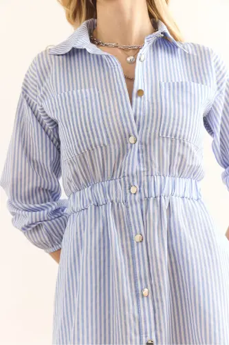 Women's Blue Elastic Waist Pocketed Maxi Shirt Dress - 7