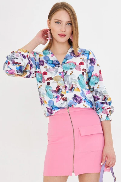 Women's Blue Elasticated Sleeves Patterned Shirt ARM-25Y 