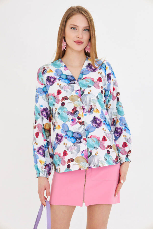 Women's Blue Elasticated Sleeves Patterned Shirt ARM-25Y - 2