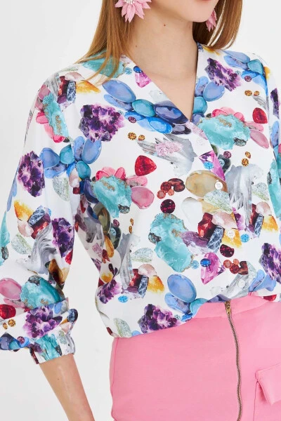 Women's Blue Elasticated Sleeves Patterned Shirt ARM-25Y - 3